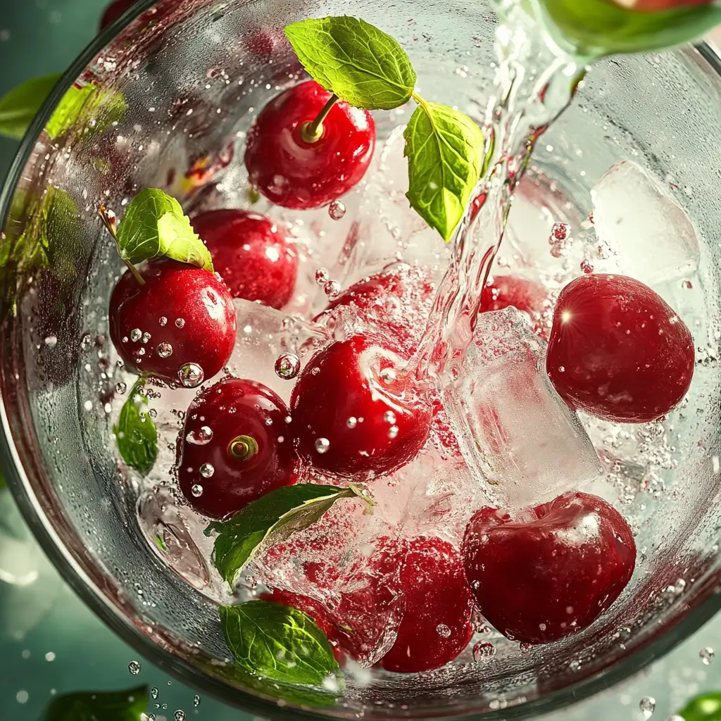 Preparing a delicious cherry mocktail by muddling fresh cherries, adding lime juice, honey, and sparkling water, then stirring in a glass with ice.