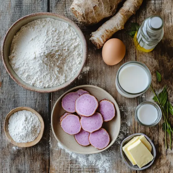 Essential ingredients for taro-flavored pancakes: taro powder, flour, milk, eggs, sugar, baking powder, and vanilla extract.