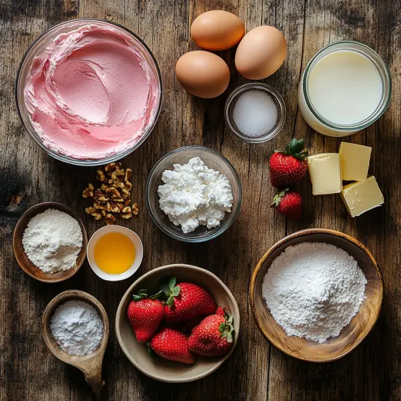 Key ingredients for strawberry earthquake cake, including fresh strawberries, cream cheese, cake mix, powdered sugar, and chocolate chips arranged on a countertop.