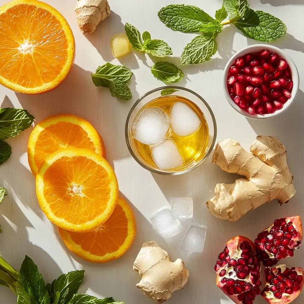 Key ingredients for the Eastern Promise mocktail, featuring pomegranate juice, lime wedges, mint leaves, and sparkling water, displayed on a wooden bar counter.