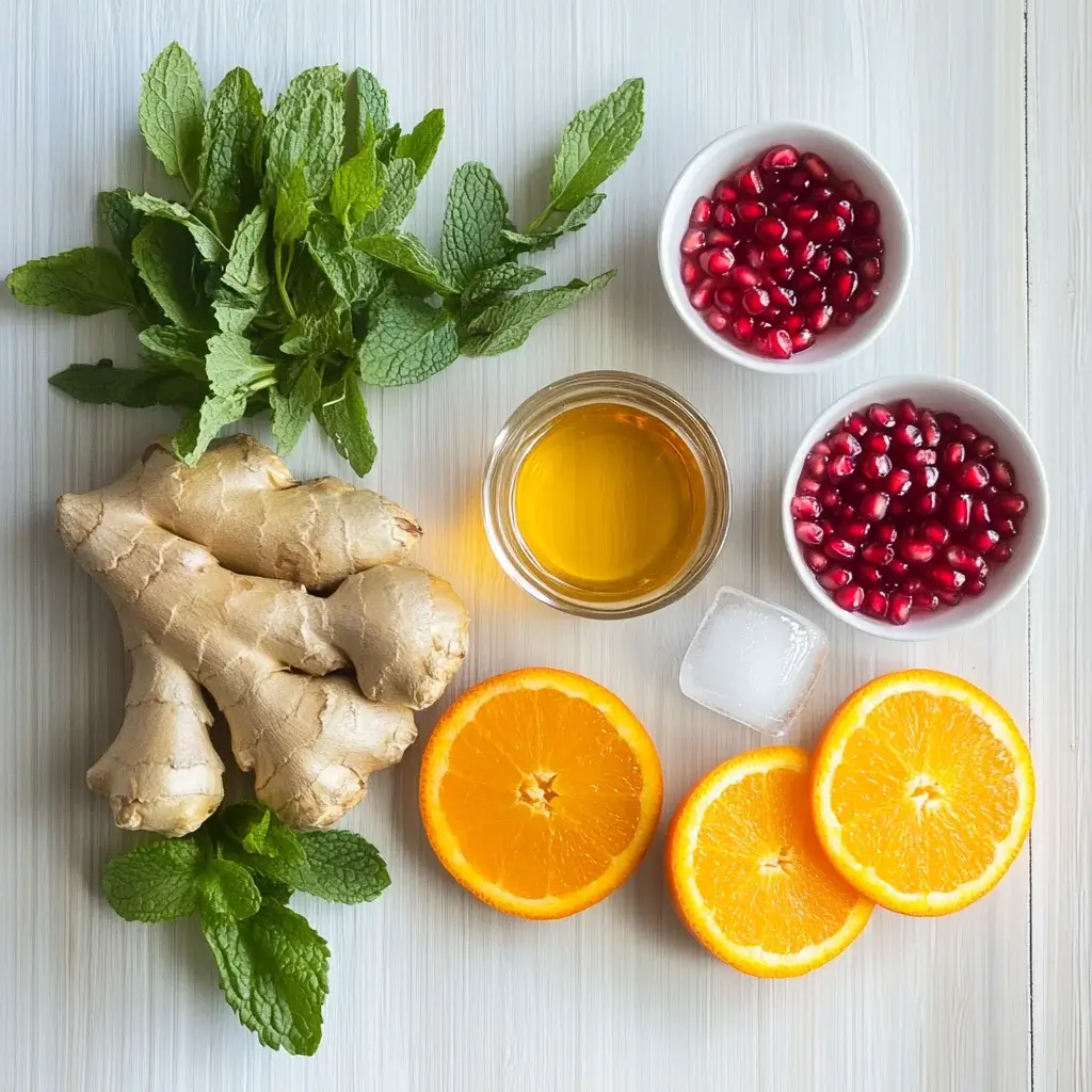 Key ingredients for the Eastern Promise mocktail, including pomegranate juice, lime, mint leaves, and sparkling water, arranged on a bar counter.