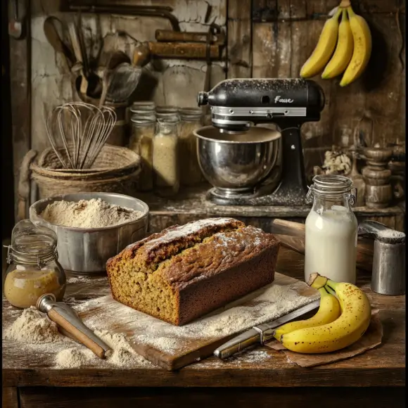 Illustration of a freshly baked banana bread loaf surrounded by vintage recipe cards and bananas, symbolizing the quick history of banana bread recipes.