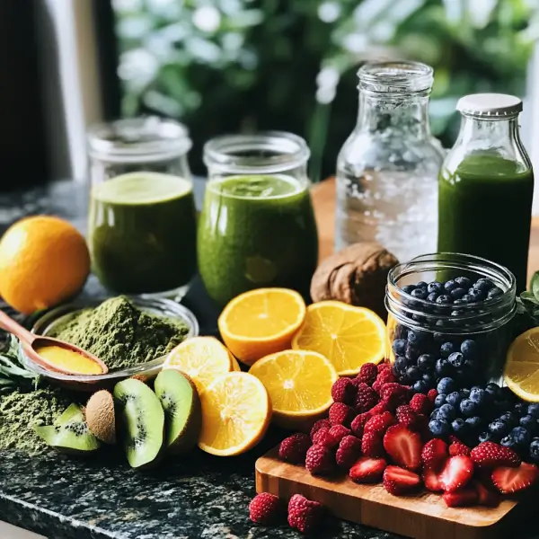 Ingredients for a natural energy drink recipe, including mineral-rich salts, green tea, fresh fruits, coconut water, and honey, arranged on a countertop.