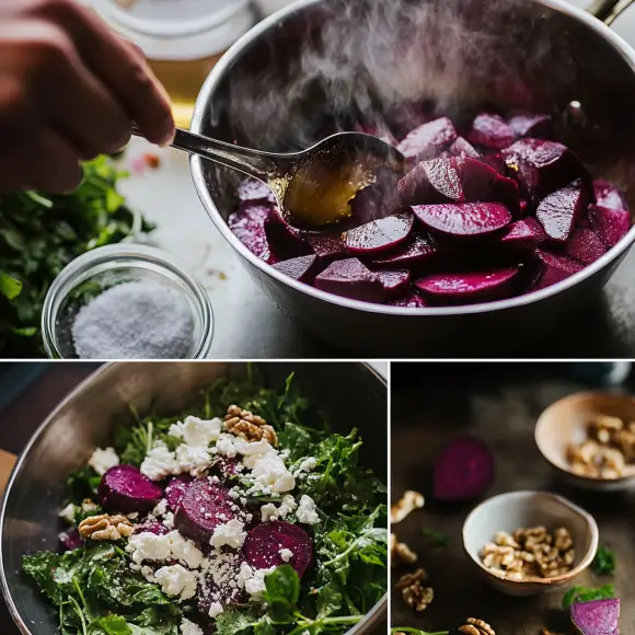 Step-by-step preparation guide for the Balthazar beet salad, showing roasted beets, crumbled goat cheese, arugula, and candied walnuts being arranged on a plate.