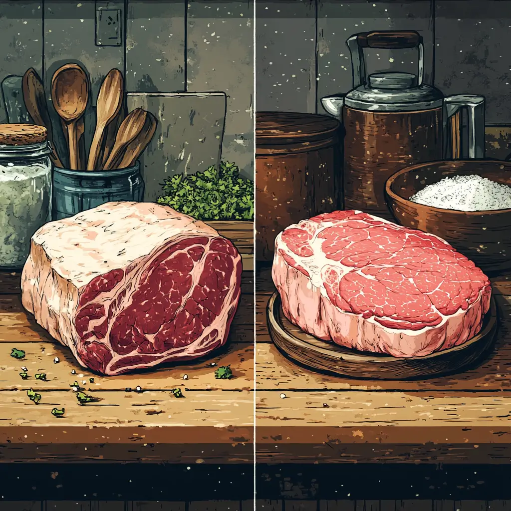 Comparison of Silverside and Corned Beef, showing a raw Silverside cut next to a cooked, brined Corned Beef.