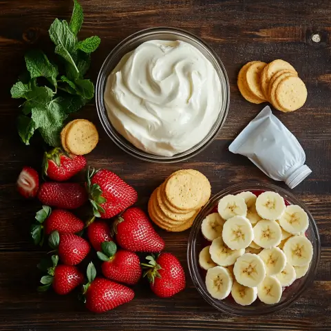 Ingredients for strawberry banana pudding, including fresh strawberries, sliced bananas, vanilla pudding, whipped cream, and vanilla wafers, arranged on a countertop.