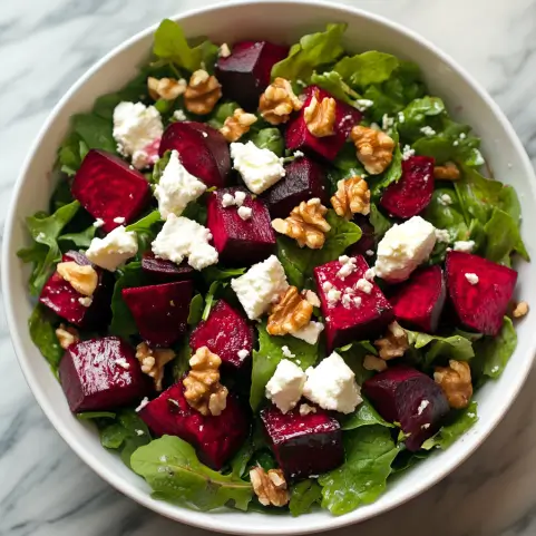 A beautifully plated Balthazar beet salad, featuring roasted beets, goat cheese, arugula, and candied walnuts, drizzled with a balsamic glaze.