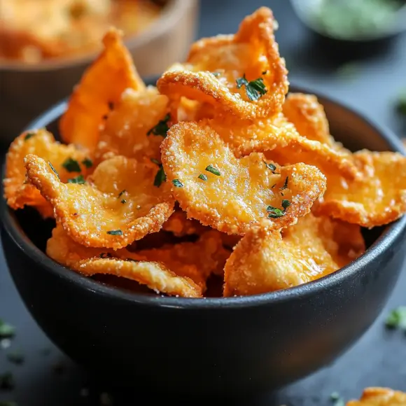 Golden, crispy cheese chips arranged on a baking tray, seasoned with herbs and spices.