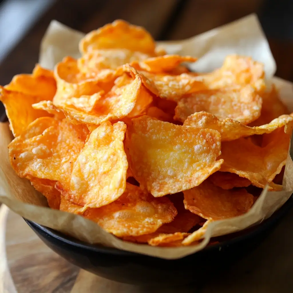 Serving a plate of crispy cheese chips, topped with melted cheese and garnished with herbs.