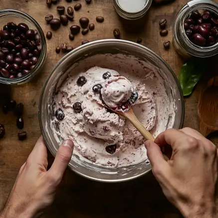 Step-by-step process of making black cherry coffee ice cream, showing ingredients like fresh cherries, coffee, cream, and sugar being mixed, churned, and frozen, with a scoop of finished ice cream in the foreground.