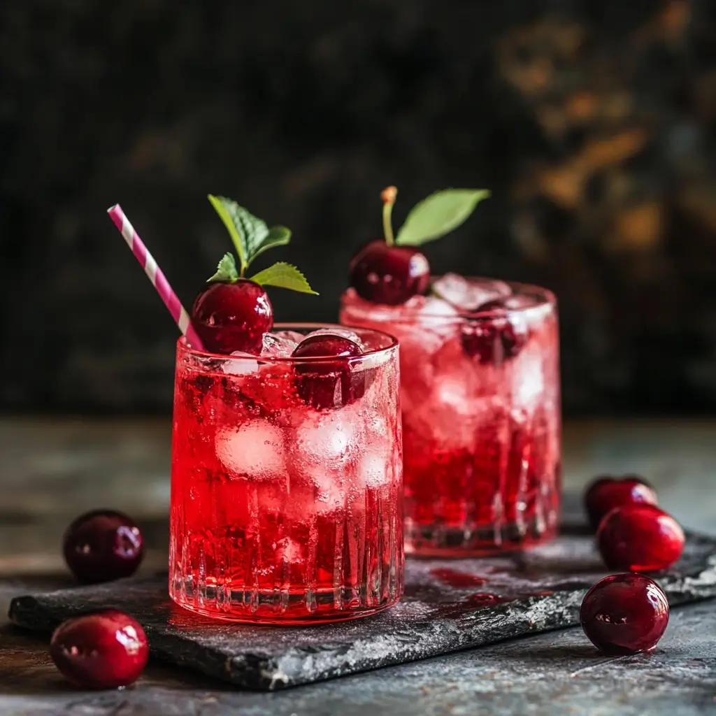 Serving a delicious cherry mocktail in a glass, garnished with fresh cherries and a lime wedge, with ice cubes and sparkling water, placed on a wooden table.