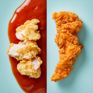 Chicken tenders and chicken strips side by side on a wooden board, showing the difference in texture and cut.