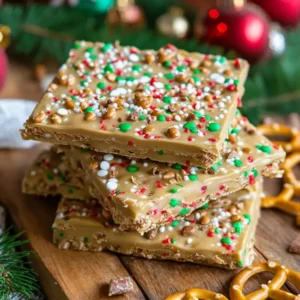 Delicious Christmas Crack made with mini pretzels, caramel, chocolate chips, and festive toppings like sprinkles and chopped nuts.