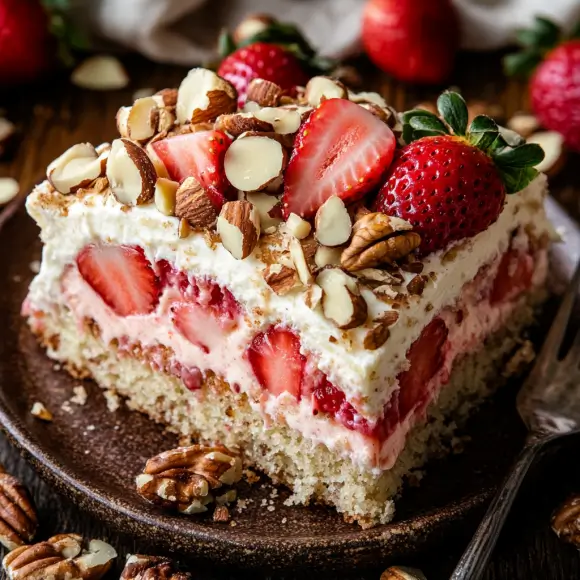 A Nut Walnut Strawberry Earthquake Cake with a golden-brown top, featuring a crackling crust, creamy filling, and crunchy walnut pieces, garnished with fresh strawberries.