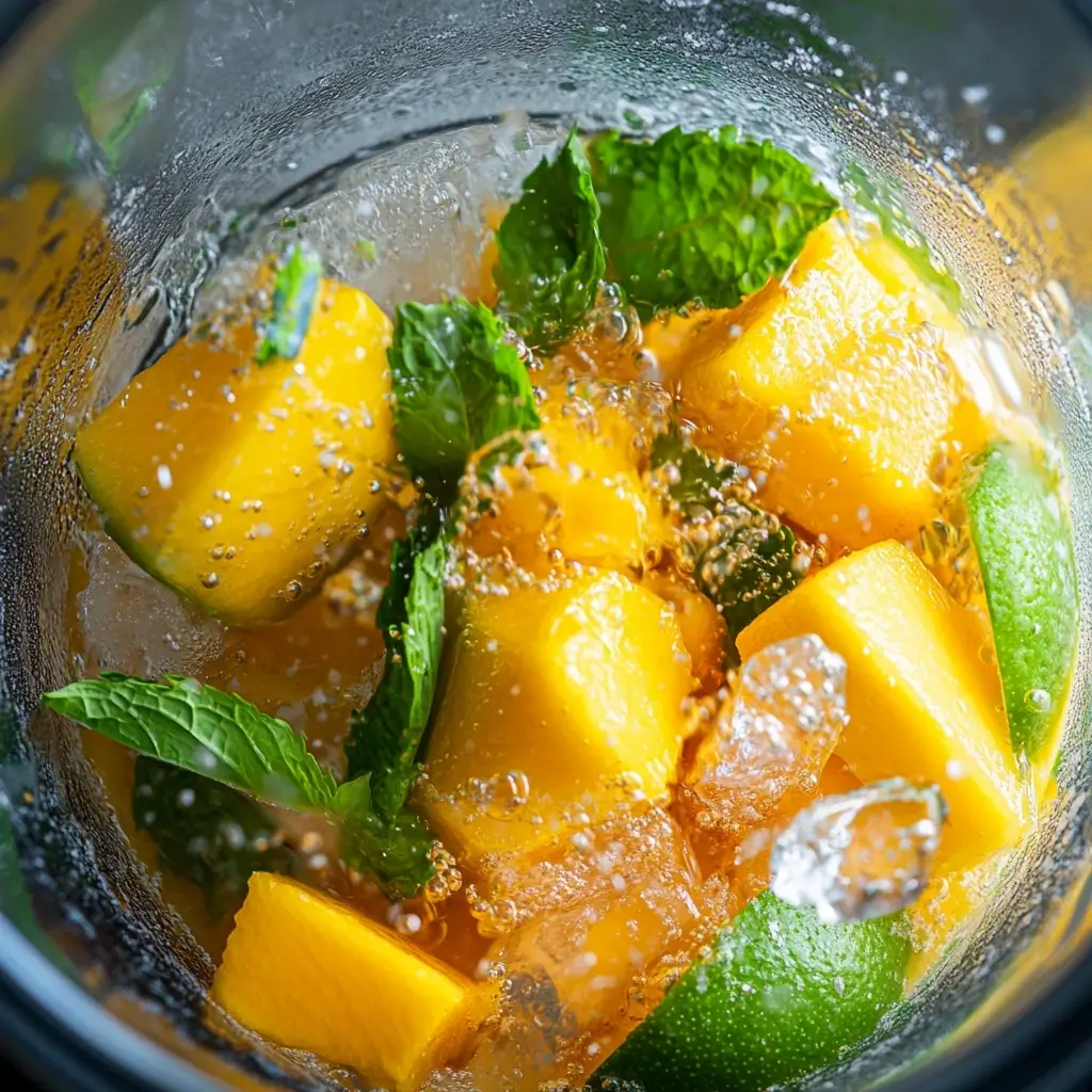 Preparing a mango mocktail by blending fresh mangoes, lime juice, orange juice, and sparkling water, with honey and mint leaves added, served in a glass with a garnish of lime wedges and mango slices.