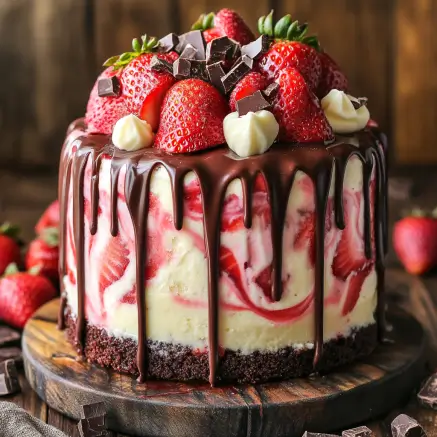 A Chocolate Strawberry Earthquake Cake with a rich, cracked top revealing a gooey cream cheese filling, dotted with strawberries and chocolate chunks.