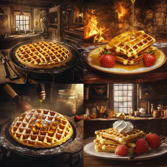 An image showing a historical timeline of waffles, starting with their ancient origins in Europe and progressing through various styles over time. The visual includes a medieval scene of waffles being cooked over open flames in cast-iron molds, a 19th-century depiction of waffles on a breakfast table in America, and a modern stack of waffles topped with syrup, fruit, and whipped cream. The timeline is visually enriched with annotations, dates, and a world map highlighting key regions.