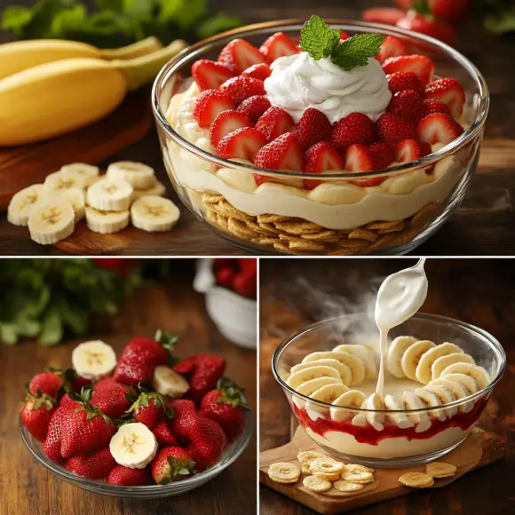 Step-by-step preparation of strawberry banana pudding, showing layers of vanilla pudding, fresh strawberries, bananas, and vanilla wafers being assembled in a dish.