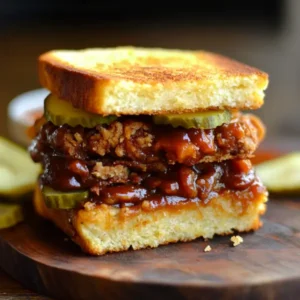 Delicious cornbread BBQ sandwich with tender pulled pork, topped with tangy BBQ sauce and fresh coleslaw.