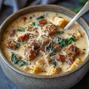 Rich and creamy Parmesan Italian sausage soup with savory sausage, garlic, and spinach in a smooth, cheesy broth.