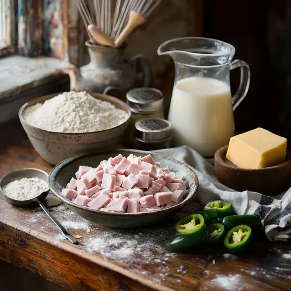 Ingredients for ham and jalapeno biscuits, including diced ham, jalapenos, flour, butter, and cheese for a savory, spicy treat.