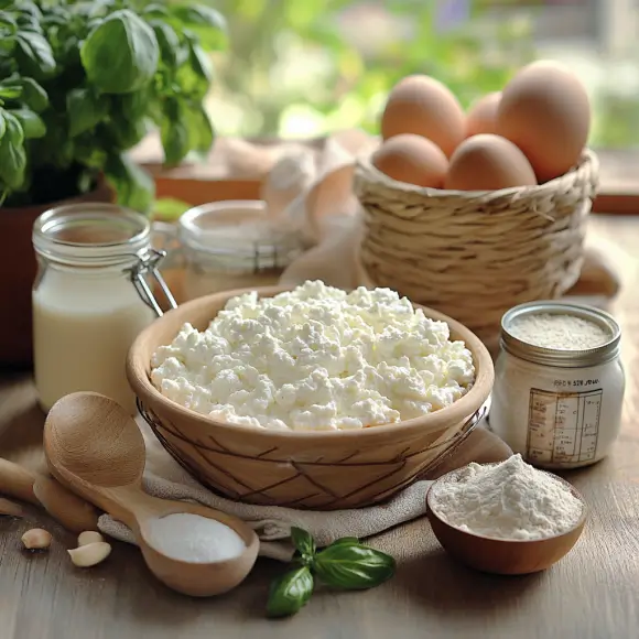 Overview of ingredients for cottage cheese pizza crust, including cottage cheese, flour, eggs, and seasonings for a healthy pizza base.