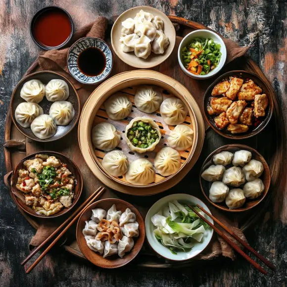 An assortment of frozen soup dumplings arranged neatly on a bamboo steamer. Varieties include traditional pork dumplings, shrimp and pork dumplings, vegetarian dumplings, and spicy chili dumplings. Each dumpling is delicately pleated, with a soft, translucent skin. The background shows a steaming pot and dipping sauces for added context.
