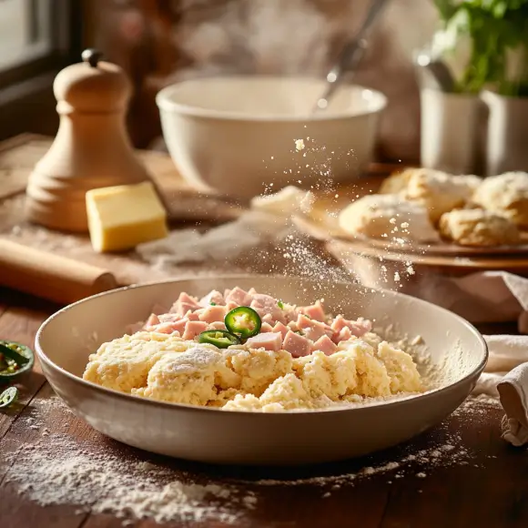 Preparing ham and jalapeno biscuits by mixing dough with diced ham, jalapenos, and cheese, then baking until golden.