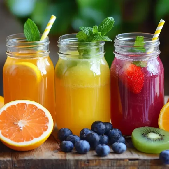 A simple natural energy drink recipe made with fresh fruits, coconut water, green tea, and honey, served in a glass on a wooden countertop.
