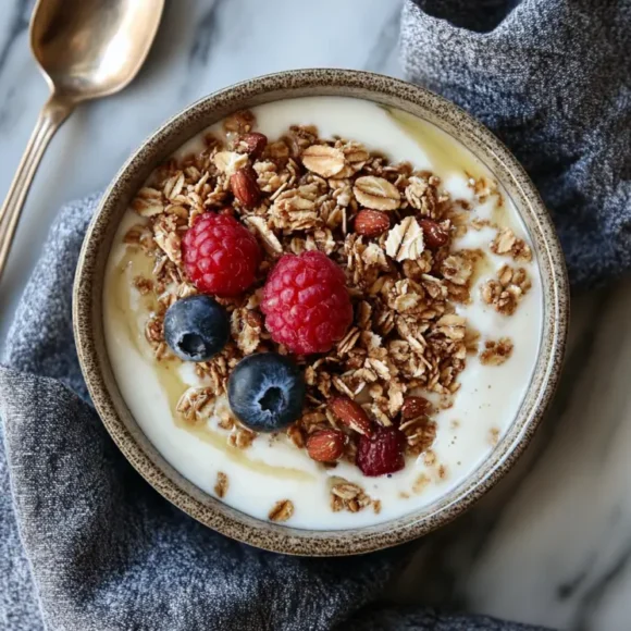 A jar of golden homemade Vanilla Nut Granola with clusters of oats, almonds, and walnuts, served alongside a bowl of yogurt topped with fresh berries, placed on a rustic wooden table.