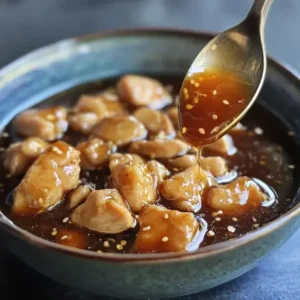 Close-up of homemade honey chicken sauce being drizzled over crispy fried chicken pieces.