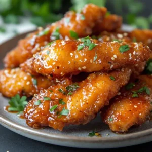 Plate of Hot Honey Chicken Tenders, crispy and golden brown, drizzled with spicy honey sauce.