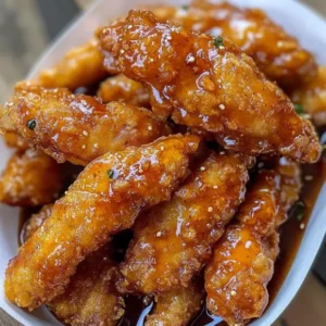 Golden crispy chicken tenders drizzled with spicy hot honey glaze, served with dipping sauce and garnished with fresh parsley.