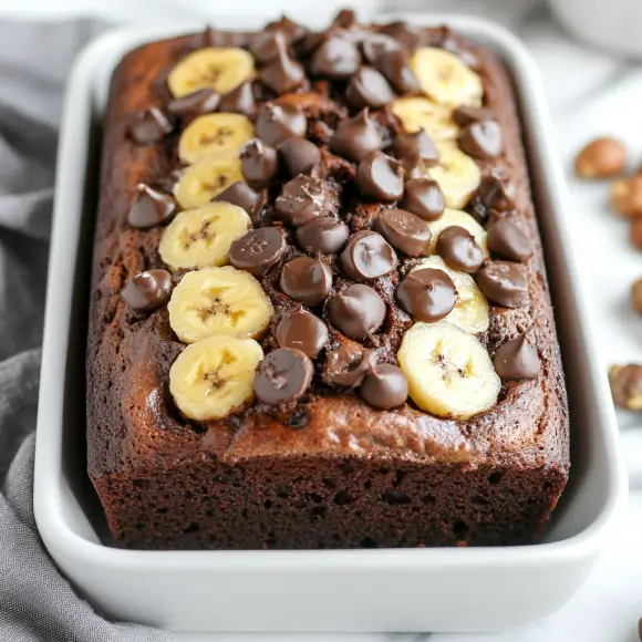 A loaf of moist Fage banana bread with a golden-brown crust, sliced to reveal its soft, tender texture and speckled with ripe banana.