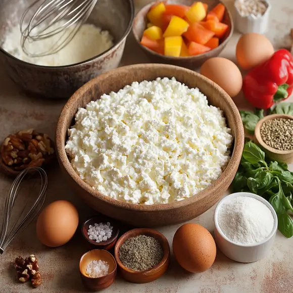 Key ingredients for baked cottage cheese recipes, including cottage cheese, eggs, herbs, and spices for a healthy dish.