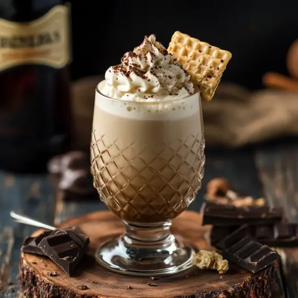 A rich and creamy Baileys Irish Cream Chocolate Wafer Drink served in a glass, topped with whipped cream, chocolate drizzle, and wafer crumbs.