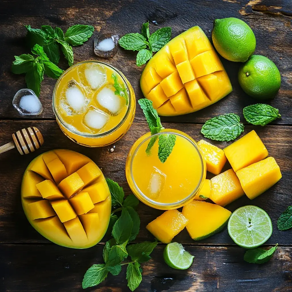 Fresh ingredients for a mango mocktail, such as ripe mangoes, citrus juices, sparkling water, mint leaves, and honey, beautifully displayed on a countertop with garnishes like lime wedges and mango slices.