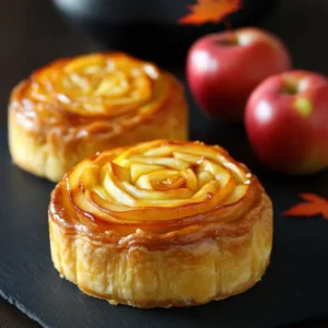 A freshly baked Japanese apple pastry with a golden, flaky puff pastry crust, filled with sweet cinnamon-spiced apples, and dusted with powdered sugar.