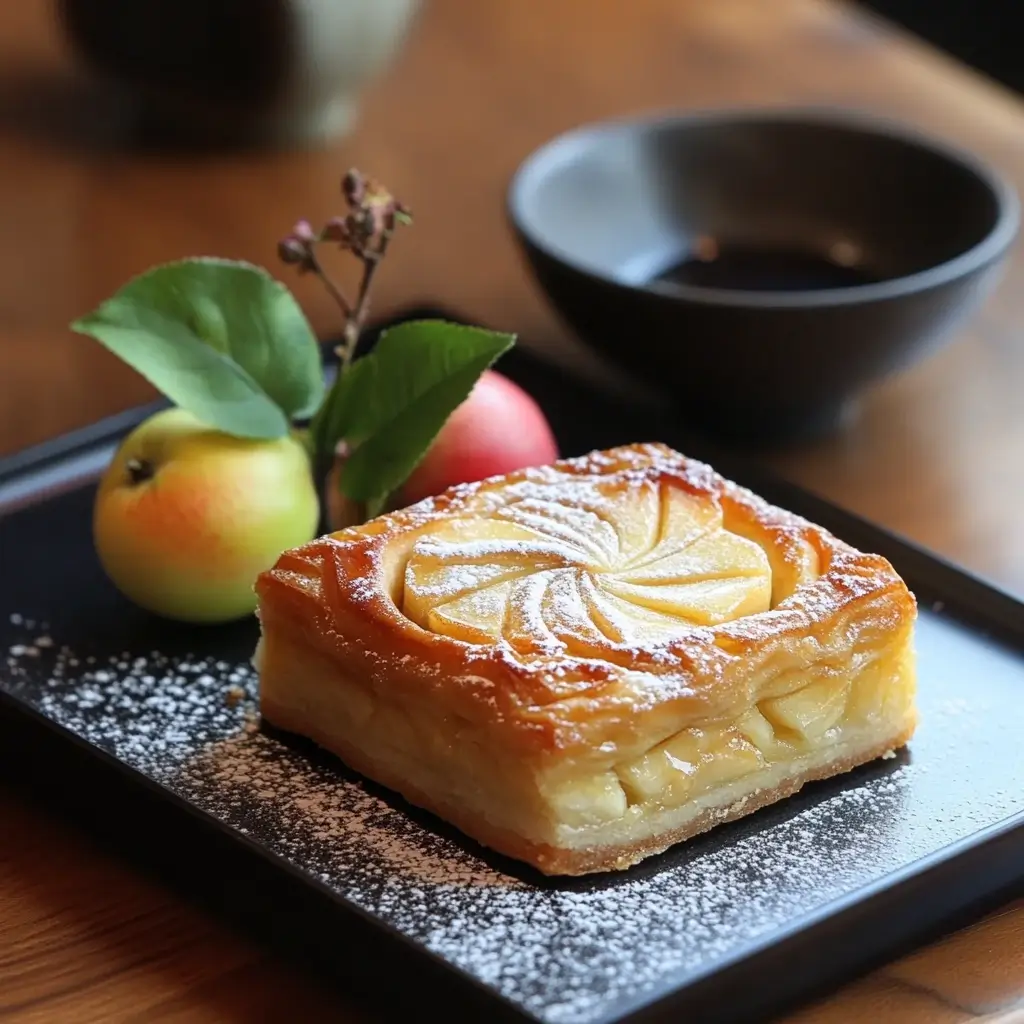 Serving freshly baked Japanese apple pastries, golden and crisp, with a light dusting of powdered sugar and a side of vanilla ice cream for added sweetness.