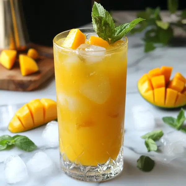 A refreshing mango mocktail made with fresh mangoes, lime and orange juice, sparkling water, and mint leaves, served in a glass with a mango slice garnish.