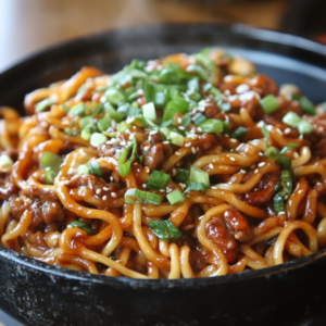 A colorful array of fresh ingredients like beef, vegetables, and noodles sizzling on a Mongolian Grill, creating a perfect stir-fry dish.