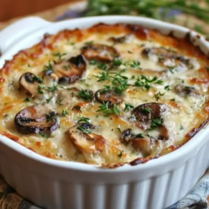 Delicious mushroom gratin with a creamy sauce, topped with melted cheese, baked to golden perfection.