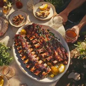 A platter of perfectly cooked party ribs with a crispy, caramelized exterior and tender, juicy meat inside, ready to be served at a celebration.