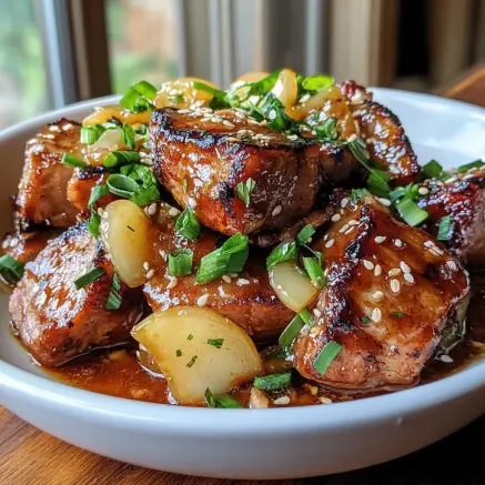 A plate of cooked pork con tiki served with fresh cilantro, lime wedges, and rice, ready to enjoy.