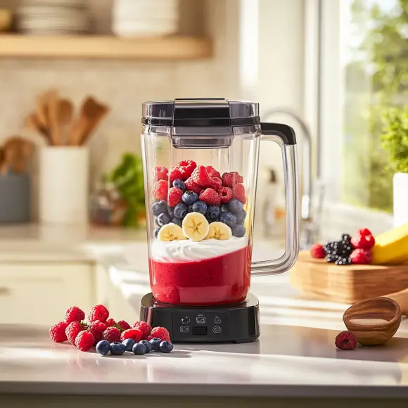 Blending a Wildberry fruit smoothie by combining fresh or frozen mixed berries, banana, yogurt (or almond milk), honey, and ice cubes in a blender until smooth and creamy.