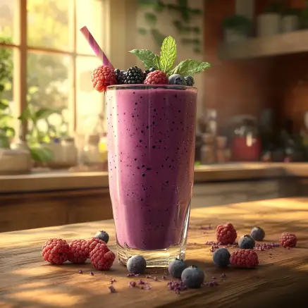 Serving a Wildberry fruit smoothie in a glass, garnished with fresh berries and a mint leaf, placed on a wooden table with a straw for easy sipping.