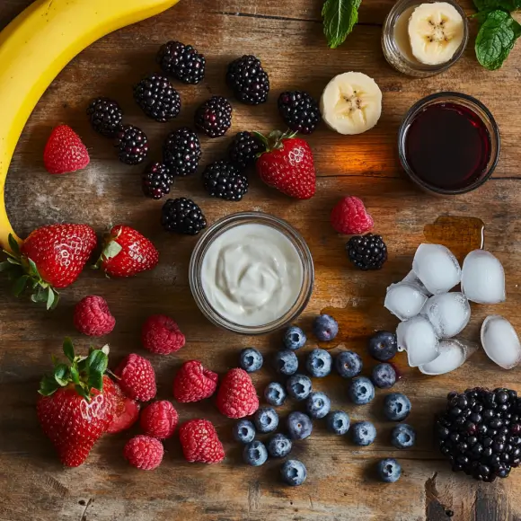 Essential ingredients for a Wildberry fruit smoothie, including fresh or frozen mixed berries (strawberries, blueberries, raspberries), banana, yogurt or almond milk, honey, and ice cubes.