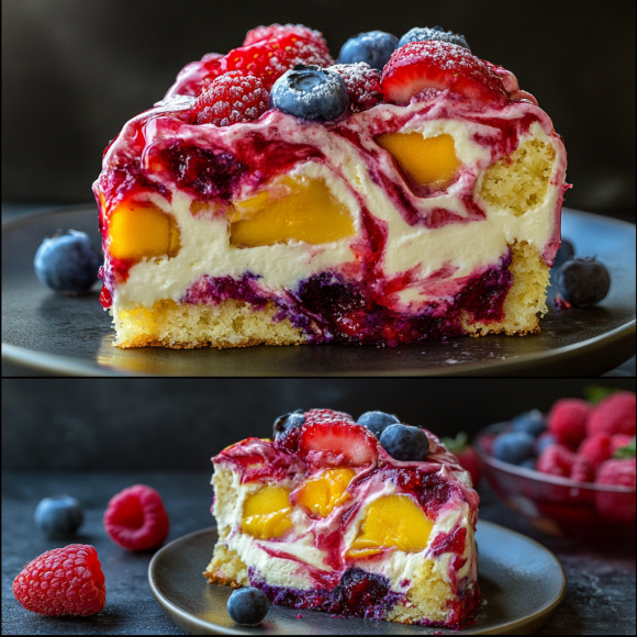 A fruity strawberry earthquake cake with a golden, cracked top revealing gooey cream cheese and chocolate chips, garnished with fresh strawberries.