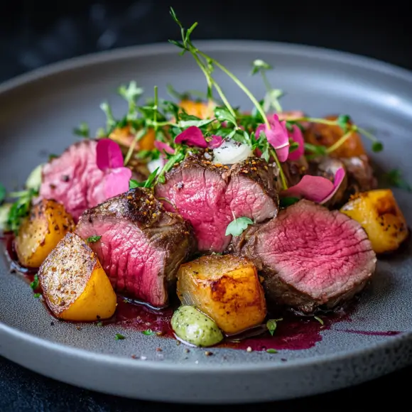 A roasted silverside beef joint, sliced to reveal tender, juicy meat, served with steamed vegetables and a side of gravy.