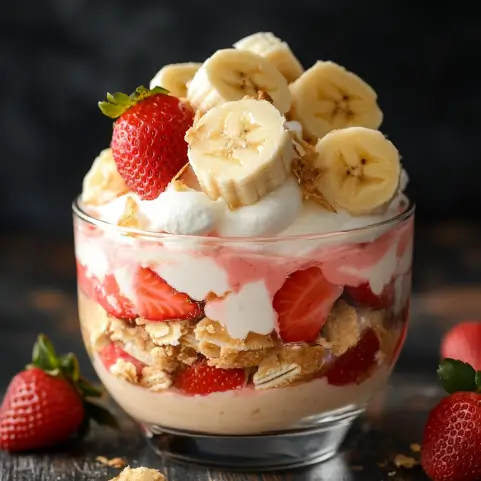 A layered strawberry banana pudding dessert with creamy vanilla pudding, fresh strawberries, sliced bananas, and vanilla wafers, topped with whipped cream and garnished with fruit.